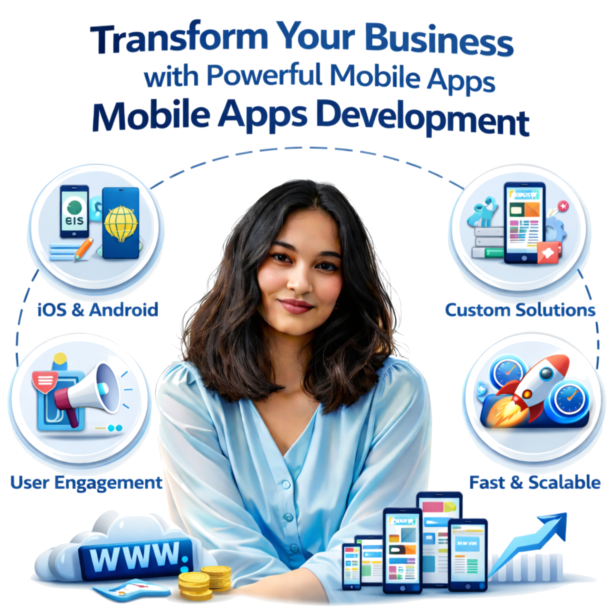 Strategic SEO Solutions illustration with a person and icons for AI Chatbot, Hook Strategy, and Smart Lead Form