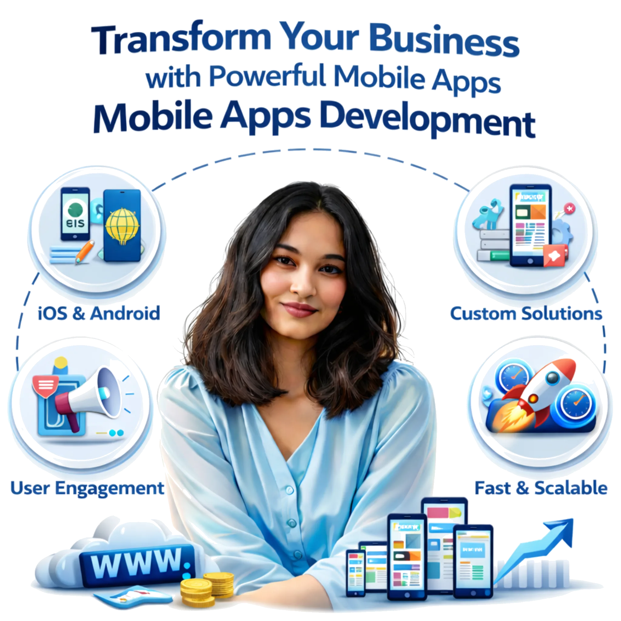 Strategic SEO Solutions illustration with a person and icons for AI Chatbot, Hook Strategy, and Smart Lead Form