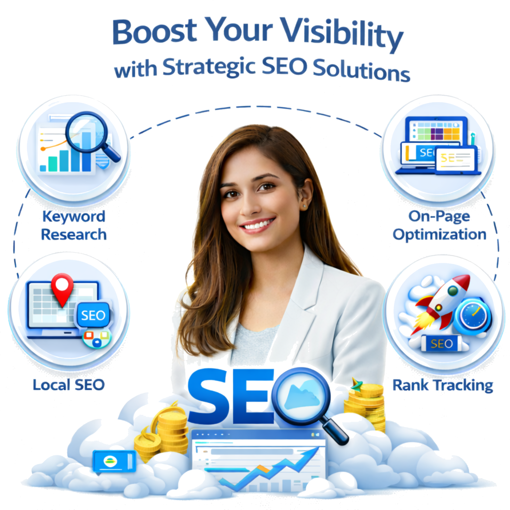 Strategic SEO Solutions illustration with a person and icons for AI Chatbot, Hook Strategy, and Smart Lead Form