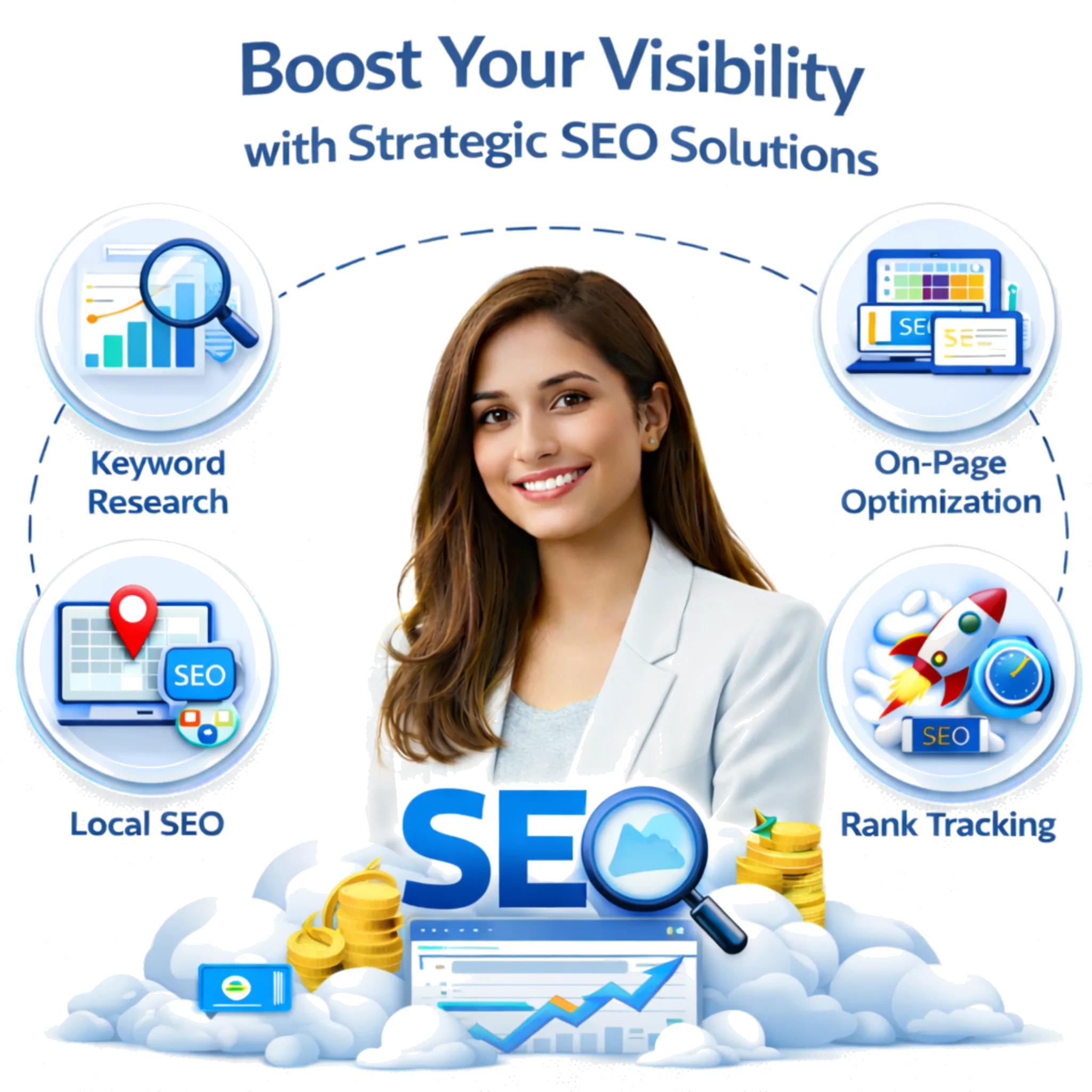 Strategic SEO Solutions illustration with a person and icons for AI Chatbot, Hook Strategy, and Smart Lead Form
