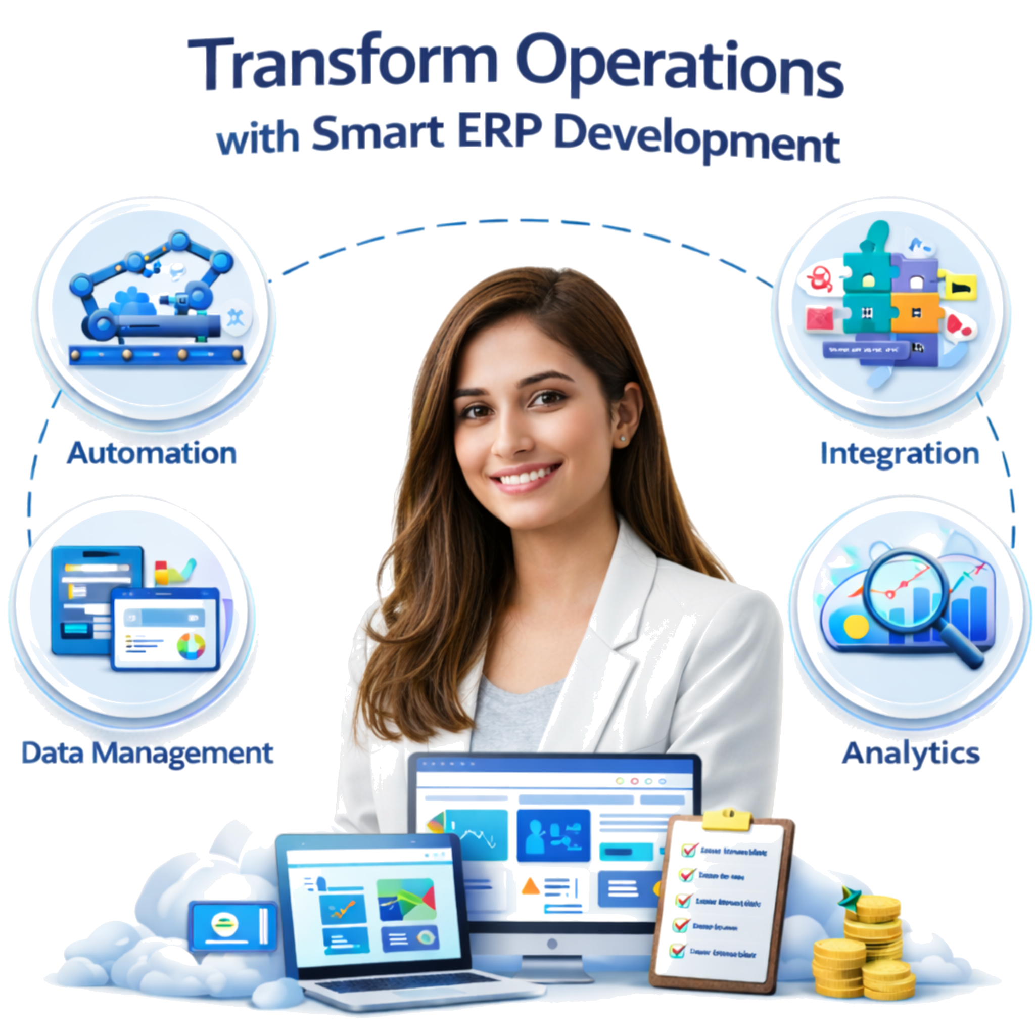 Strategic SEO Solutions illustration with a person and icons for AI Chatbot, Hook Strategy, and Smart Lead Form