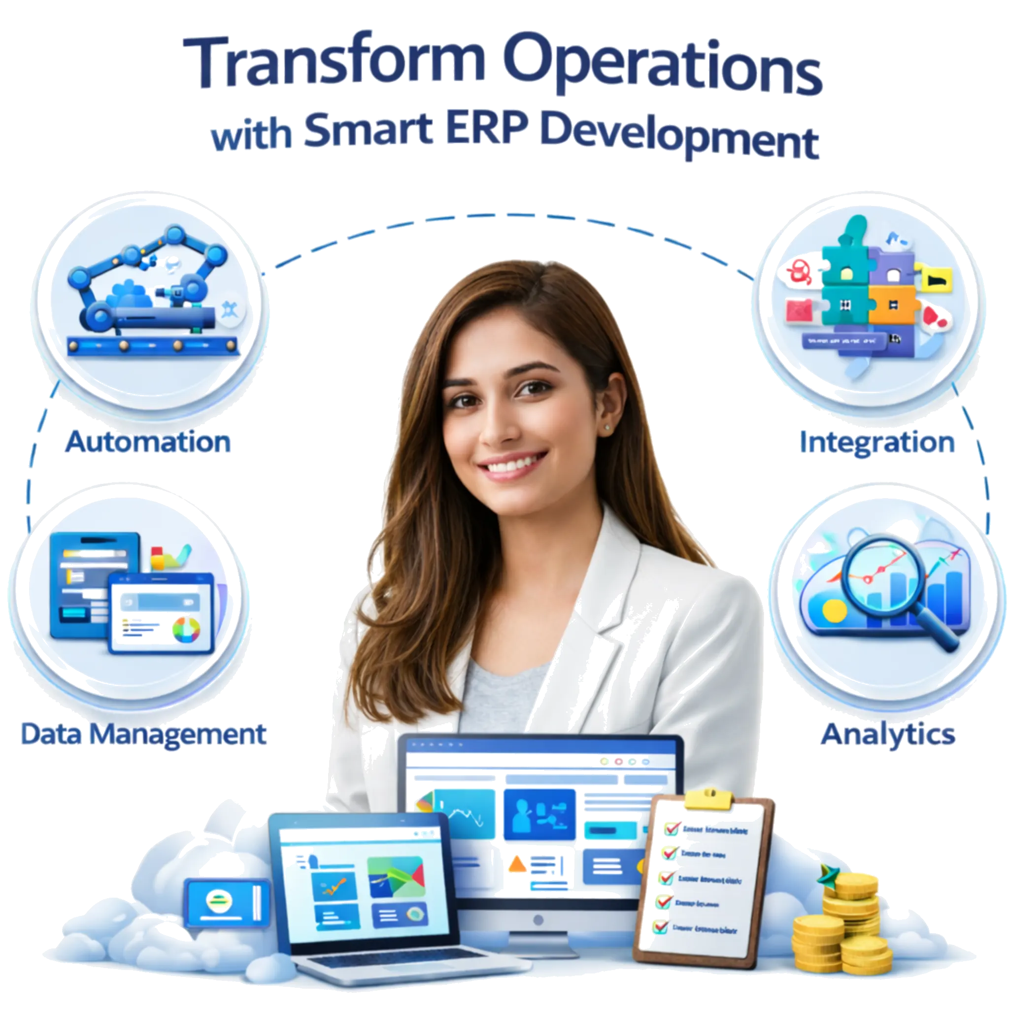 Strategic SEO Solutions illustration with a person and icons for AI Chatbot, Hook Strategy, and Smart Lead Form