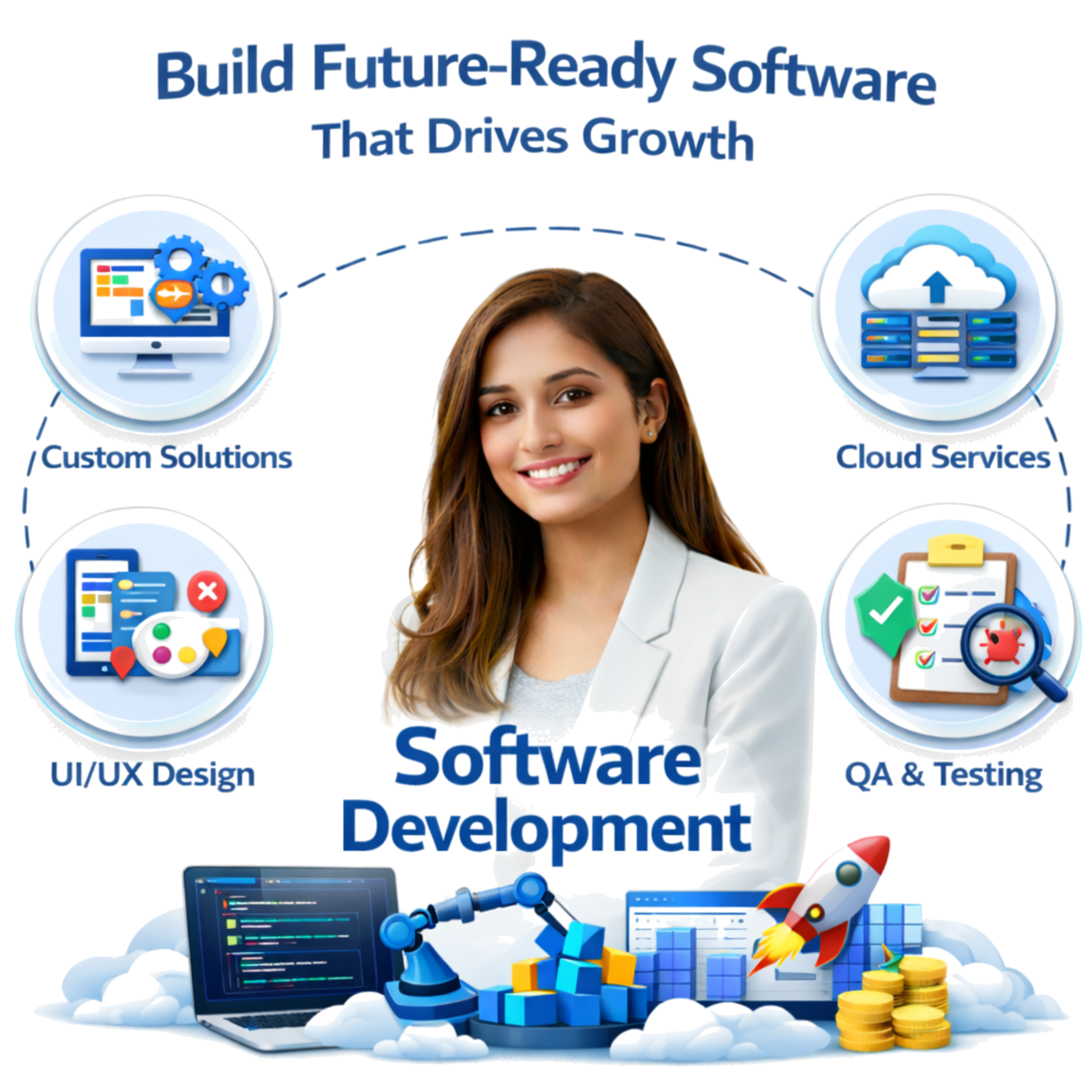 Strategic SEO Solutions illustration with a person and icons for AI Chatbot, Hook Strategy, and Smart Lead Form