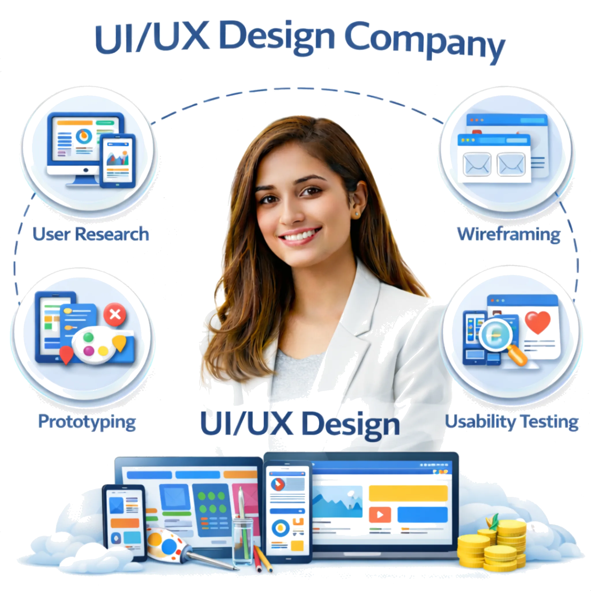 Strategic SEO Solutions illustration with a person and icons for AI Chatbot, Hook Strategy, and Smart Lead Form