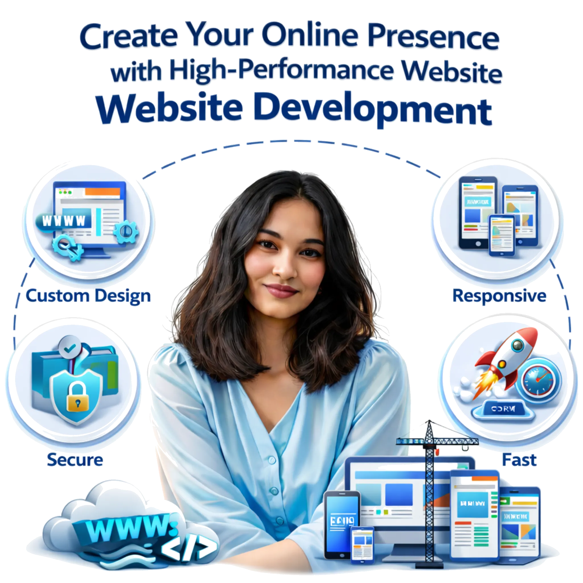 Strategic SEO Solutions illustration with a person and icons for AI Chatbot, Hook Strategy, and Smart Lead Form