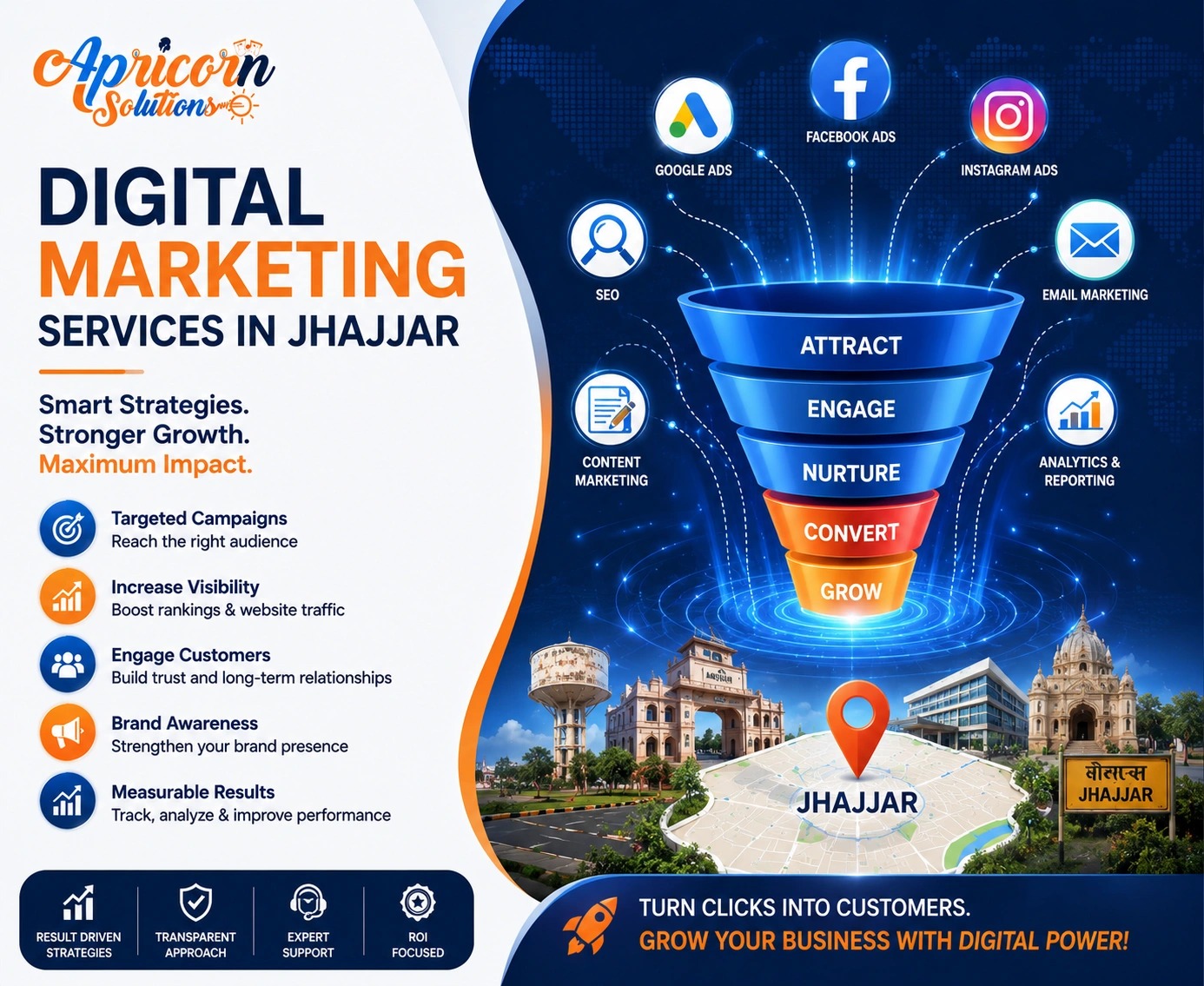 Strategic SEO Solutions illustration with a person and icons for AI Chatbot, Hook Strategy, and Smart Lead Form