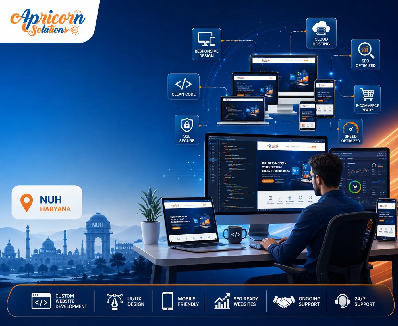 Strategic Web Development Solutions illustration with a person and icons for AI Chatbot, Hook Strategy, and Smart Lead Form